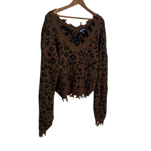 Freshman 1996 Leopard Print Distressed Cropped V-neck Sweater Brown Black Large - Picture 6 of 6